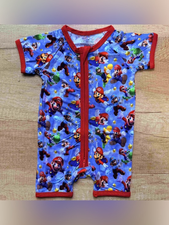 Other - Kids One-Piece Romper in Blue with Red Trim - Mario Print